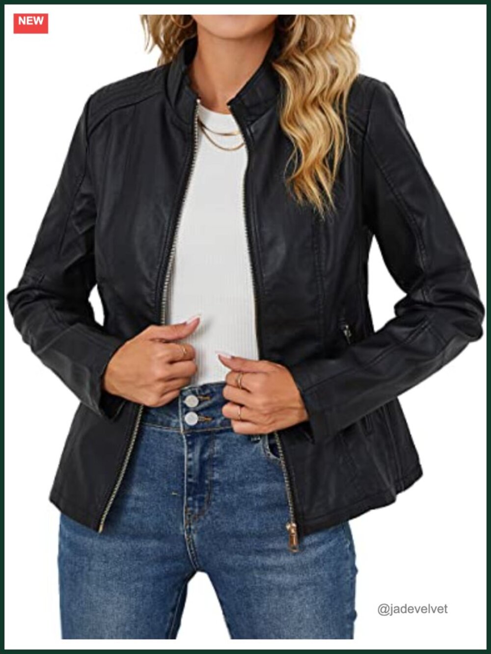 Faux Leather Moto Jacket Womens Stand Collar Biker Zip Lightweight